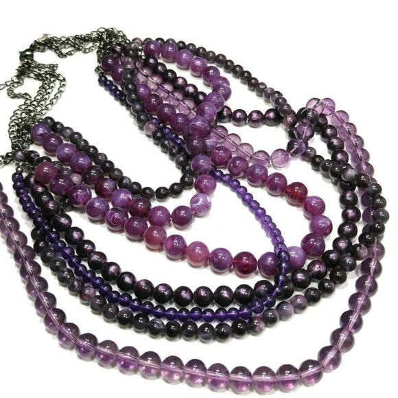Chico's Purple Multi-Strand Acrylic Layered Bead Necklace, Gunmetal Gray Chains - Picture 14 of 16